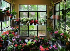 A wide range of bouquets, arrangements and plants on display in our sun room